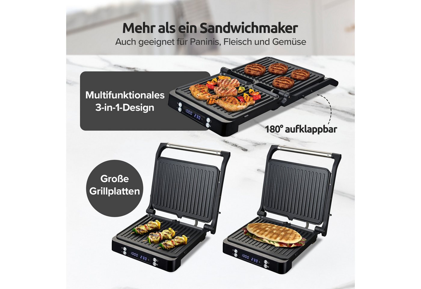 Olvy Kontaktgrill Olvy Kontaktgrill XXL 2000W – Sandwichmaker für 4 Sandwiches Bild 4