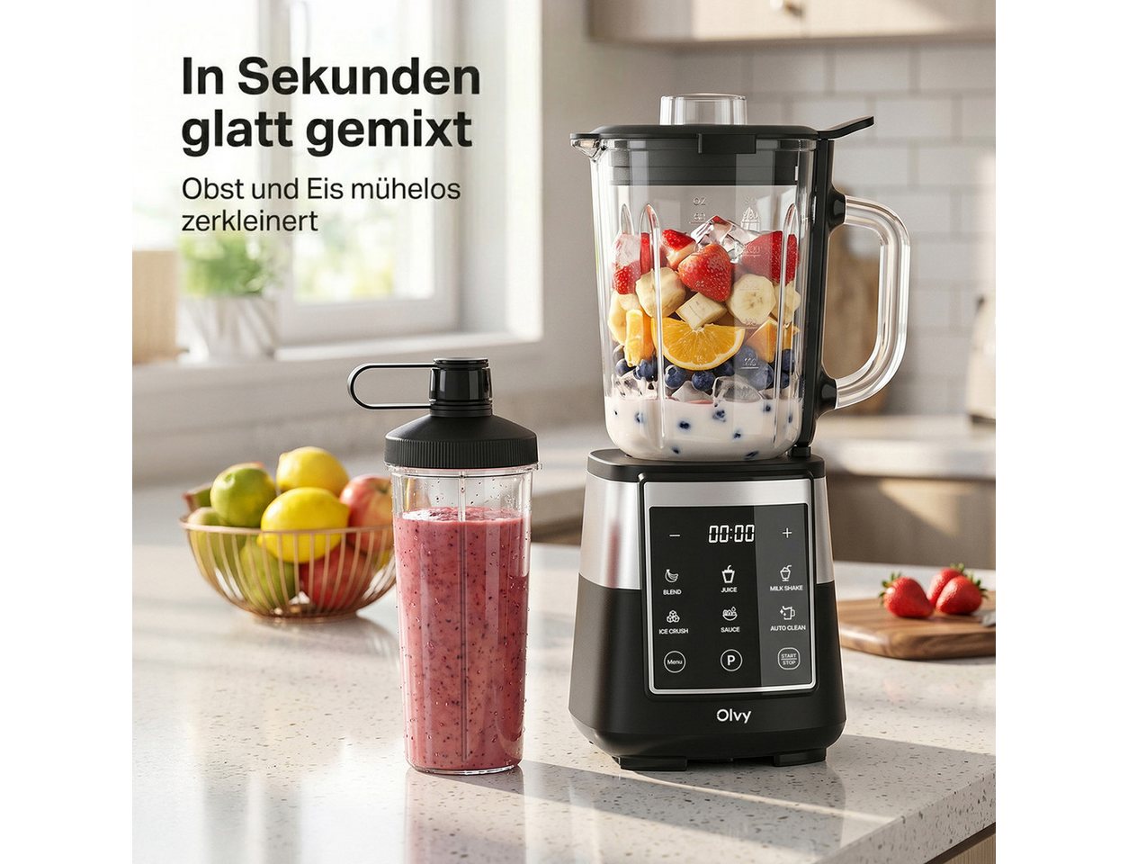 Olvy Standmixer Olvy Standmixer, 1,5 L Glasbehälter mit 600ml Tritan-Becher