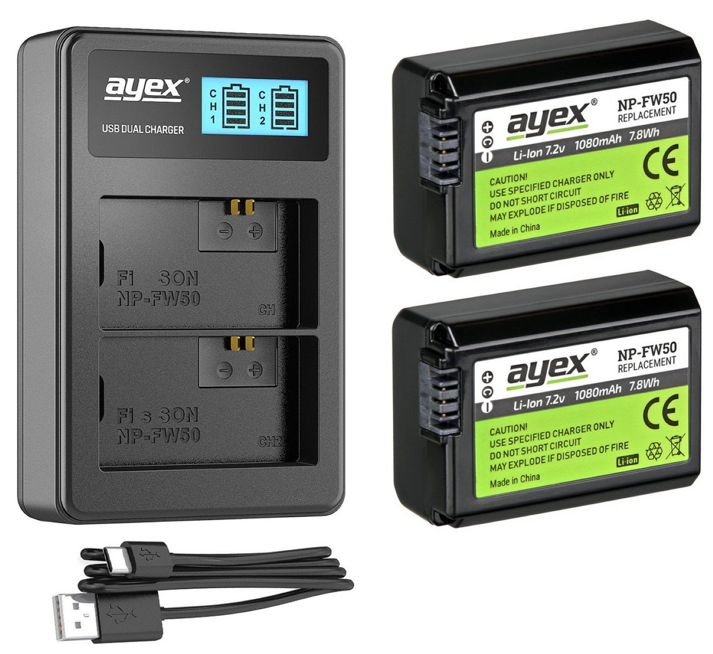 ayex 2x NP-FW50 Akku für Sony + USB Dual-Ladegerät Kamera-Akku
