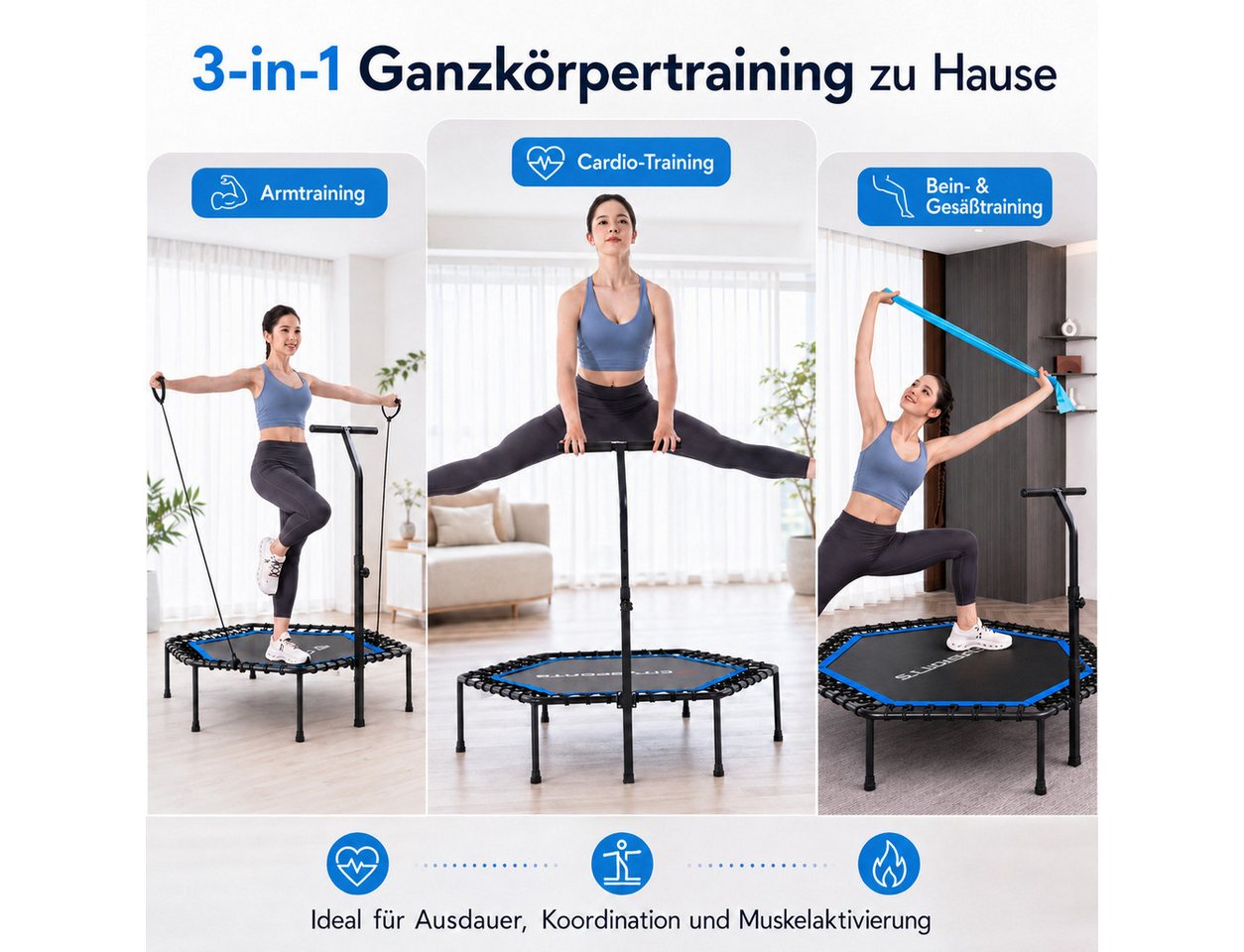 CITYSPORTS Fitnesstrampolin Mini-Trampolin mit Haltegriff 3-fach höhenverstellbar, Ø130cm, 6-Eck, 42 Elastikbänder, bis 100 kg,Nicht klappbar