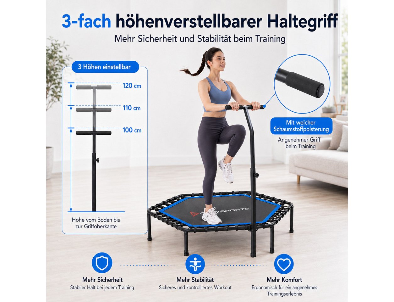 CITYSPORTS Fitnesstrampolin Mini-Trampolin mit Haltegriff 3-fach höhenverstellbar, Ø130cm, 6-Eck, 42 Elastikbänder, bis 100 kg,Nicht klappbar Bild 2