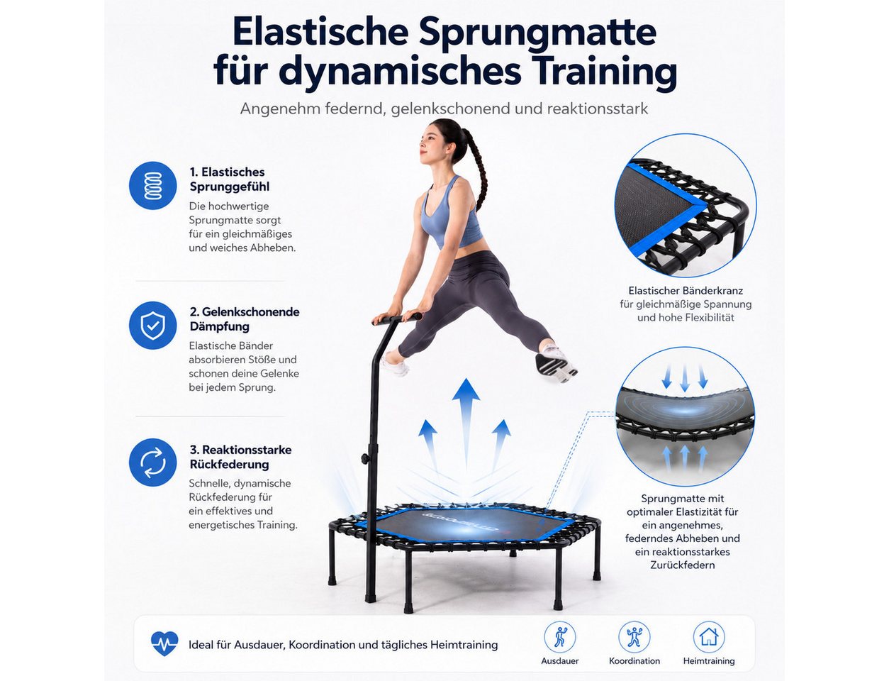 CITYSPORTS Fitnesstrampolin Mini-Trampolin mit Haltegriff 3-fach höhenverstellbar, Ø130cm, 6-Eck, 42 Elastikbänder, bis 100 kg,Nicht klappbar Bild 3