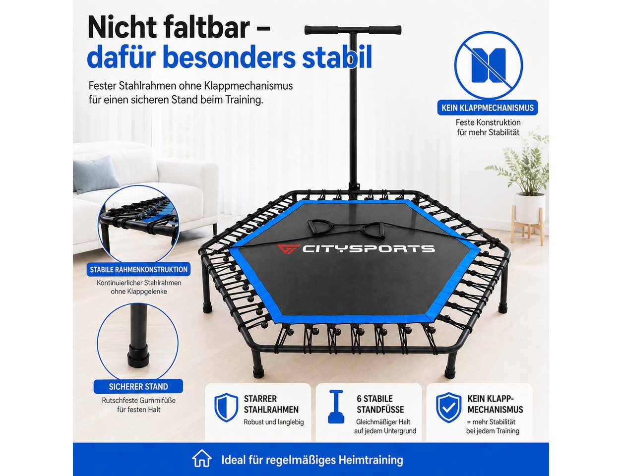 CITYSPORTS Fitnesstrampolin Mini-Trampolin mit Haltegriff 3-fach höhenverstellbar, Ø130cm, 6-Eck, 42 Elastikbänder, bis 100 kg,Nicht klappbar Bild 4