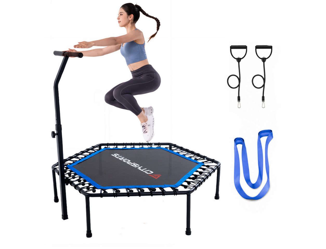 CITYSPORTS Fitnesstrampolin Mini-Trampolin mit Haltegriff 3-fach höhenverstellbar, Ø130cm, 6-Eck, 42 Elastikbänder, bis 100 kg,Nicht klappbar Bild 5