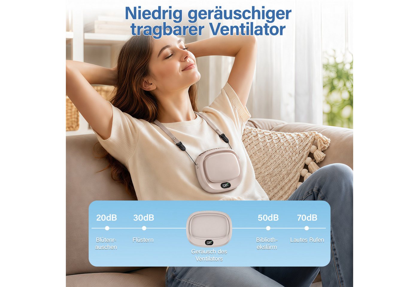 MOPUEA Turboventilator Mini Ventilator 4-in-1 Design, 5 Stufen, LED-Display,10h Halsventilato