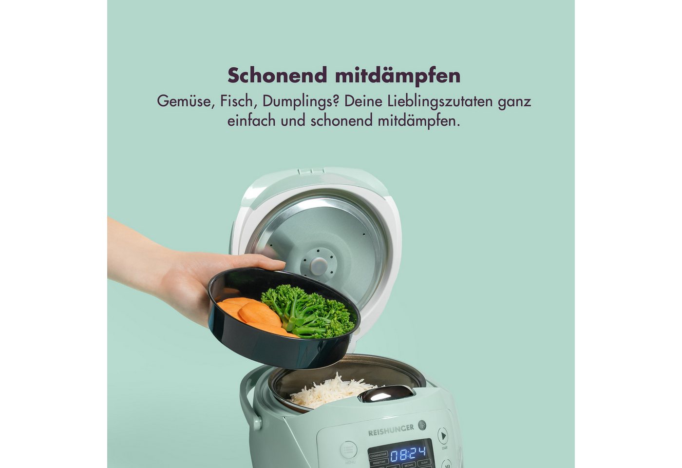 Reishunger Reiskocher Digital Mini – 0,6 L – Multikocher – 8 Programme – Keramikbeschichtung, 350 W, Dämpfeinsatz, Messbecher, Reislöffel, Timer- und Warmhaltefunktion Bild 2