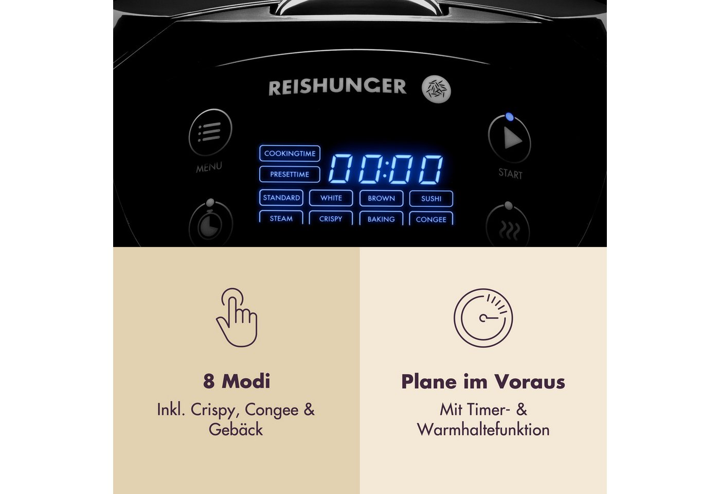 Reishunger Reiskocher Digital Mini – 0,6 L – Multikocher – 8 Programme – Keramikbeschichtung, 350 W, Dämpfeinsatz, Messbecher, Reislöffel, Timer- und Warmhaltefunktion Bild 3
