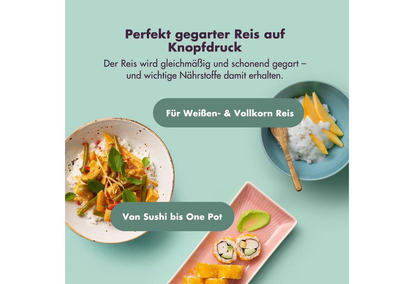 Reishunger Reiskocher Digital Mini – 0,6 L – Multikocher – 8 Programme – Keramikbeschichtung, 350 W, Dämpfeinsatz, Messbecher, Reislöffel, Timer- und Warmhaltefunktion Bild 4