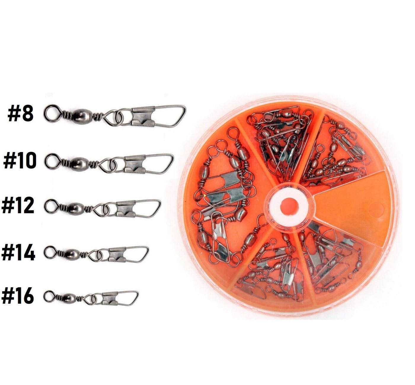 Behr Angelwirbel Tönnchenwirbel mit Karabiner 30 Stück Drehdose Box Set Angelwirbel, (1 Box mit 30 Tönnchenwirbeln, 30-St)