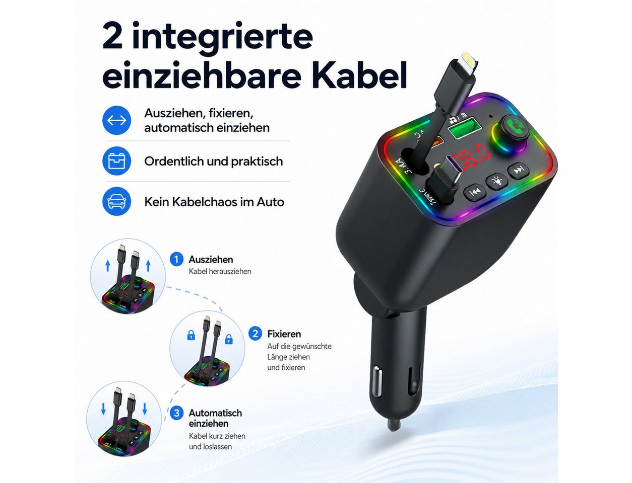 OYLCDI Bluetooth-FM-Transmitter für Auto,PD3.0/PP/PPSQC4.0+AFC Schnelllade KFZ-Transmitter Bluetooth FM Transmitter Auto zu mit Dual einziehbaren Kabeln, RGB Ambientebeleuchtung, PD Schnellladen, LED Digitalanzeige, Freisprecheinrichtung,U-Disk & Musik-Streaming
