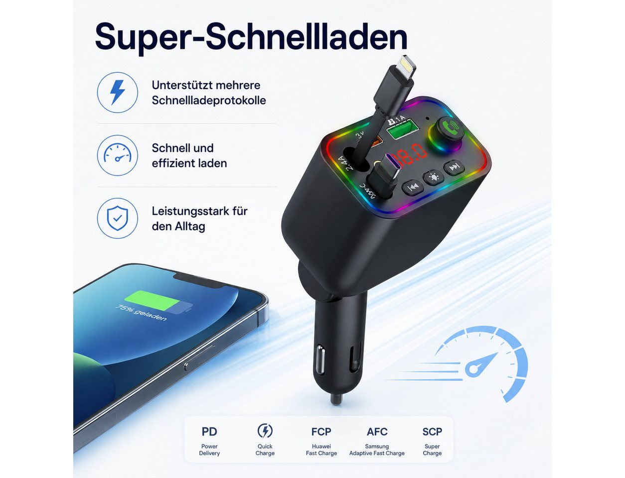 OYLCDI Bluetooth-FM-Transmitter für Auto,PD3.0/PP/PPSQC4.0+AFC Schnelllade KFZ-Transmitter Bluetooth FM Transmitter Auto zu mit Dual einziehbaren Kabeln, RGB Ambientebeleuchtung, PD Schnellladen, LED Digitalanzeige, Freisprecheinrichtung,U-Disk & Musik-Streaming Bild 2