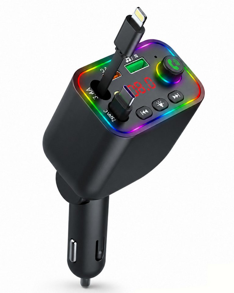 OYLCDI Bluetooth-FM-Transmitter für Auto,PD3.0/PP/PPSQC4.0+AFC Schnelllade KFZ-Transmitter Bluetooth FM Transmitter Auto zu mit Dual einziehbaren Kabeln, RGB Ambientebeleuchtung, PD Schnellladen, LED Digitalanzeige, Freisprecheinrichtung,U-Disk & Musik-Streaming Bild 3
