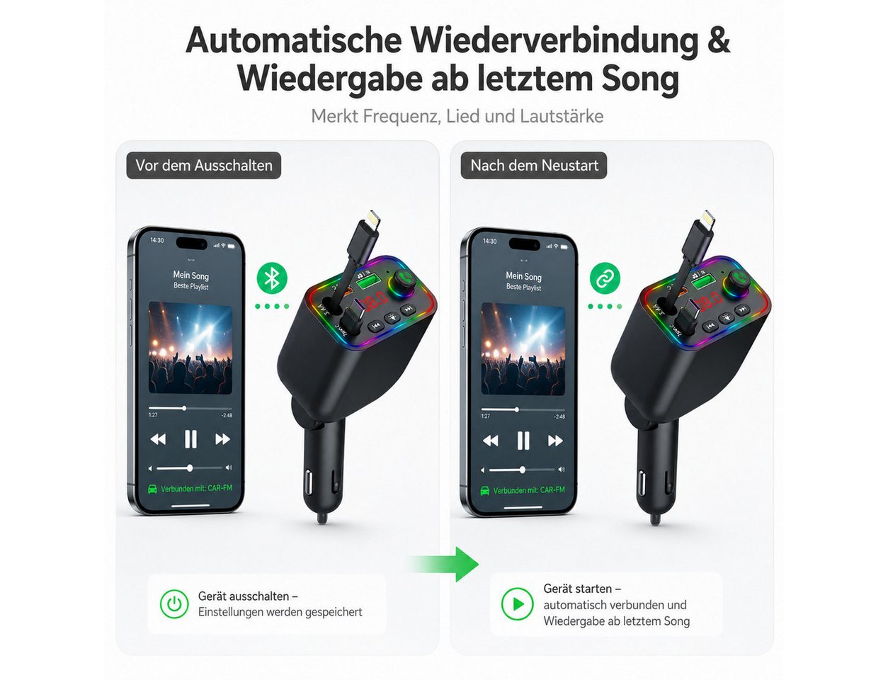 OYLCDI Bluetooth-FM-Transmitter für Auto,PD3.0/PP/PPSQC4.0+AFC Schnelllade KFZ-Transmitter Bluetooth FM Transmitter Auto zu mit Dual einziehbaren Kabeln, RGB Ambientebeleuchtung, PD Schnellladen, LED Digitalanzeige, Freisprecheinrichtung,U-Disk & Musik-Streaming Bild 4