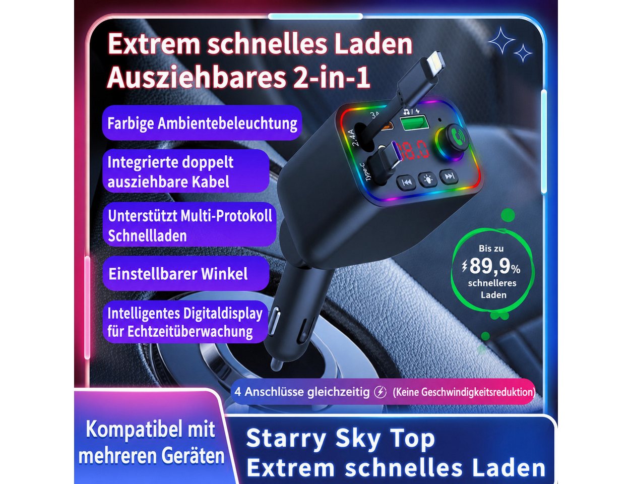 OYLCDI Bluetooth-FM-Transmitter für Auto,PD3.0/PP/PPSQC4.0+AFC Schnelllade KFZ-Transmitter Bluetooth FM Transmitter Auto zu mit Dual einziehbaren Kabeln, RGB Ambientebeleuchtung, PD Schnellladen, LED Digitalanzeige, Freisprecheinrichtung,U-Disk & Musik-Streaming Bild 5