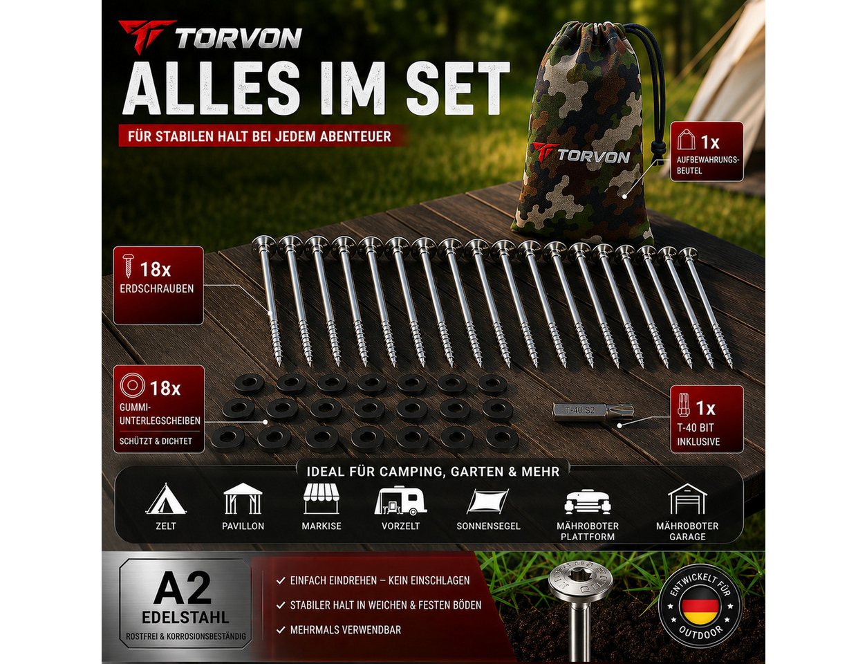 Torvon Zelthering Camping Set Erdschrauben aus Edelstahl A2 mit TX40 Bit 18 Stück, (18-St) Bild 2