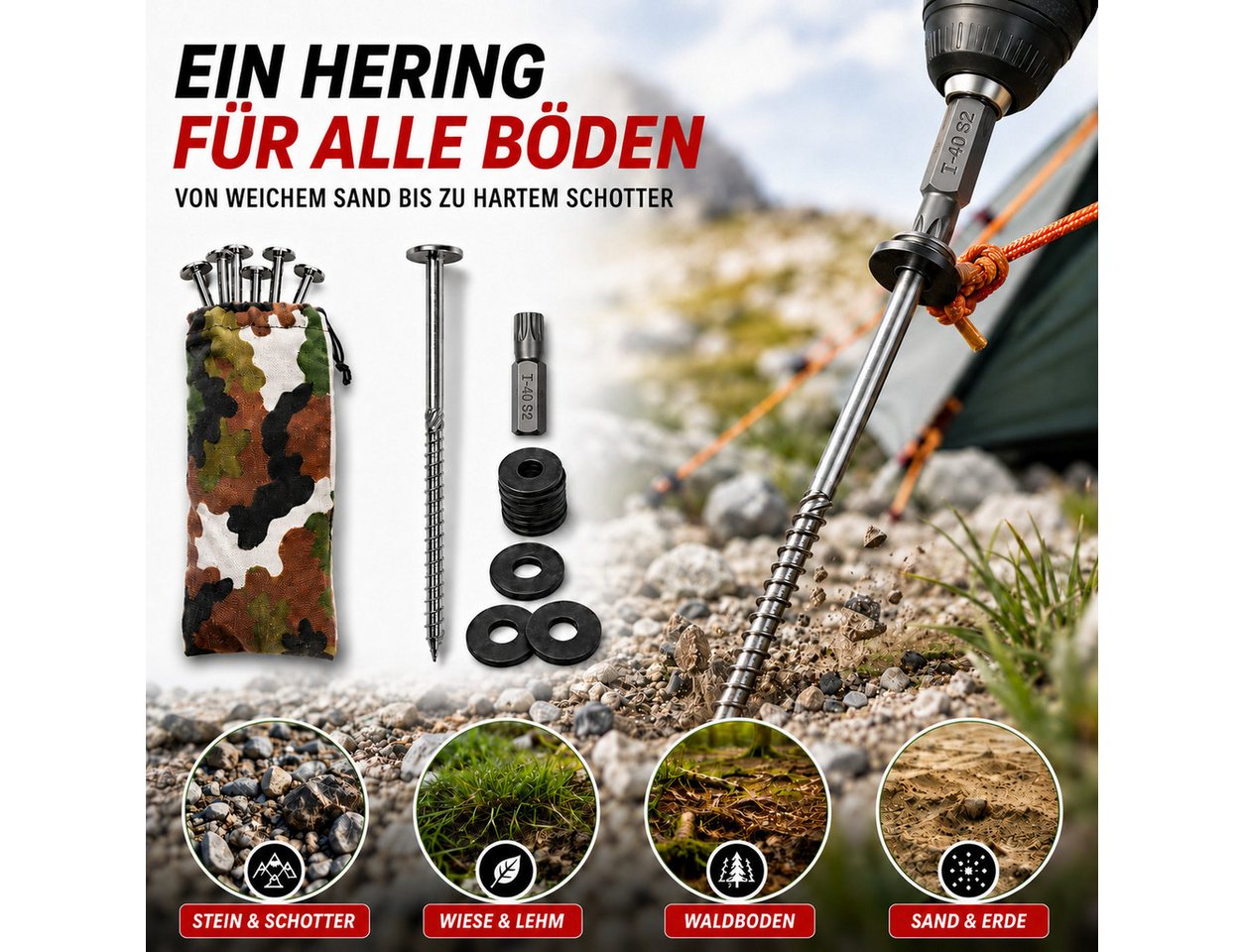 Torvon Zelthering Camping Set Erdschrauben aus Edelstahl A2 mit TX40 Bit 18 Stück, (18-St) Bild 5