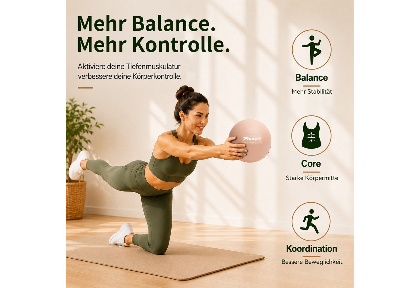 FunLife Pilatesball CORE 25 (Pilatesball-Set, 1 Pilates Ball, Ø 25 cm, 1 Handpumpe, Verschlussstopfen und Zubehör), Griffige Oberfläche, Luftdruck individuell anpassbar