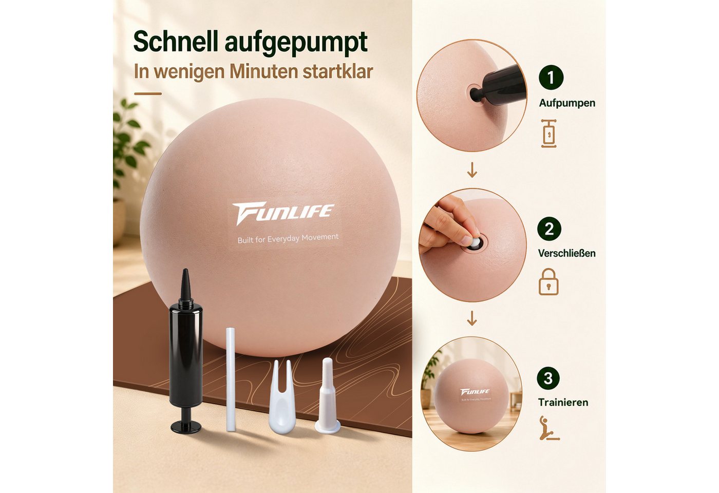 FunLife Pilatesball CORE 25 (Pilatesball-Set, 1 Pilates Ball, Ø 25 cm, 1 Handpumpe, Verschlussstopfen und Zubehör), Griffige Oberfläche, Luftdruck individuell anpassbar Bild 2