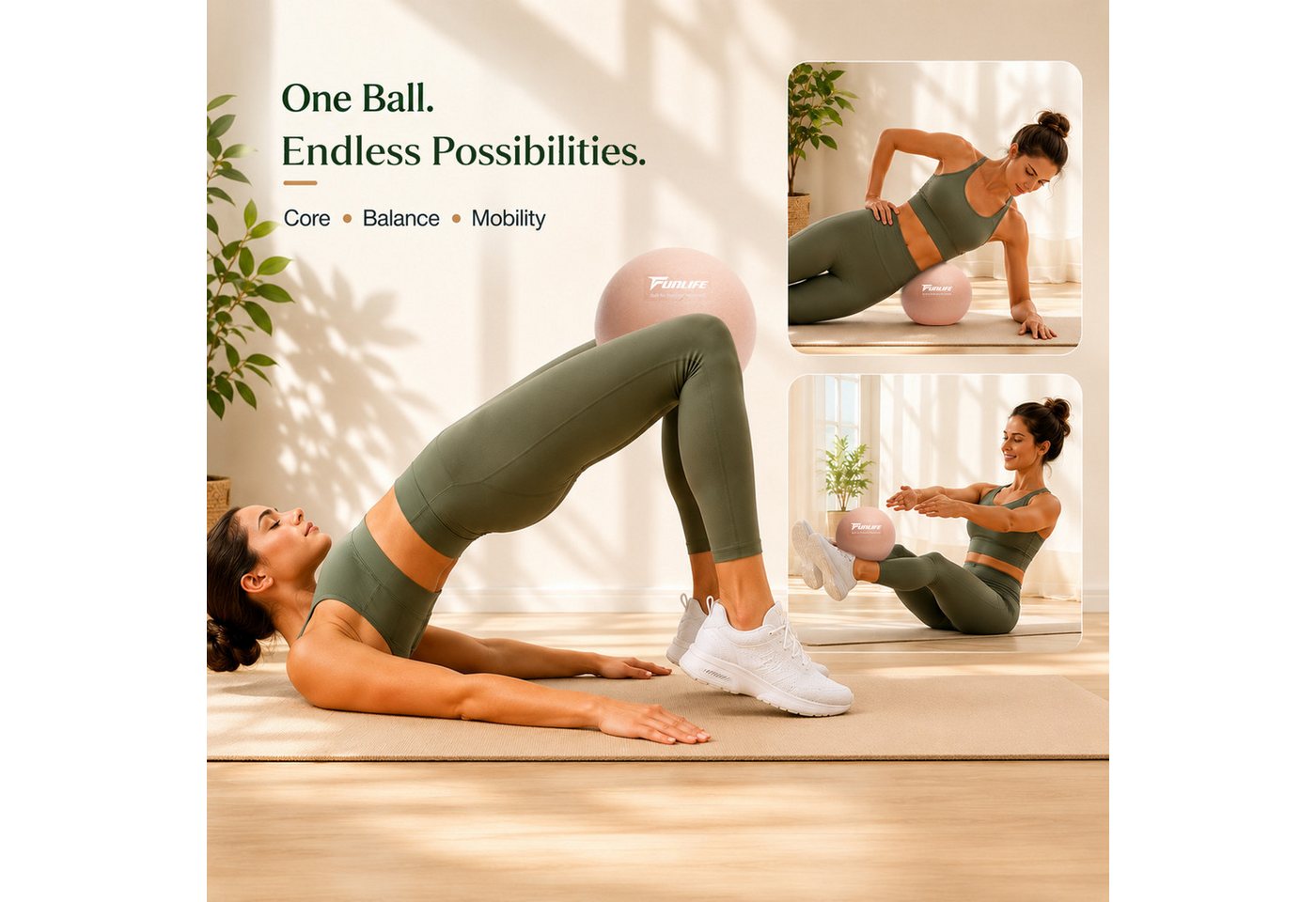 FunLife Pilatesball CORE 25 (Pilatesball-Set, 1 Pilates Ball, Ø 25 cm, 1 Handpumpe, Verschlussstopfen und Zubehör), Griffige Oberfläche, Luftdruck individuell anpassbar Bild 4