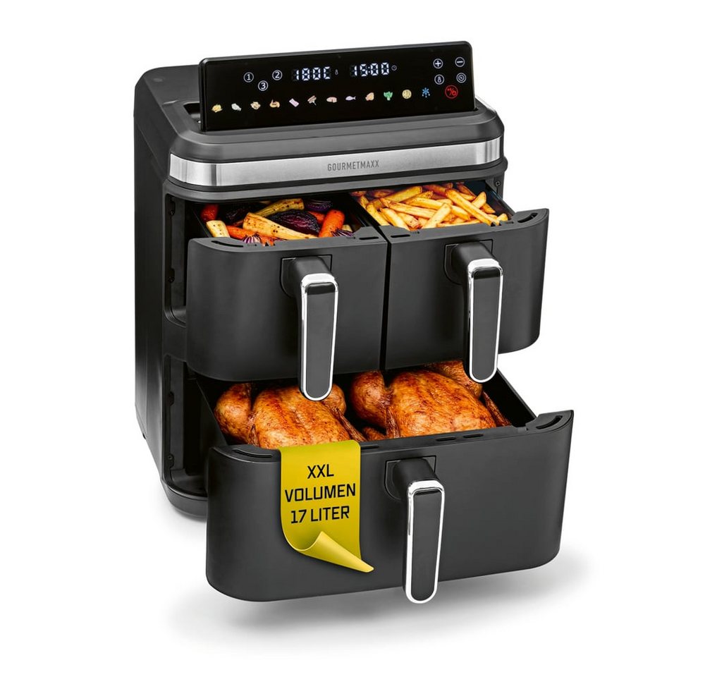 GOURMETmaxx Heißluftfritteuse GOURMETmaxx Heißluft-Fritteuse 3000W LB8 schwarz/Edelstahl 17l 3 Frittierkammern, 3000 W, Heissluftfritteuse mit LED-Klapp-Touchdisplay - Air Fryer 12 Personen