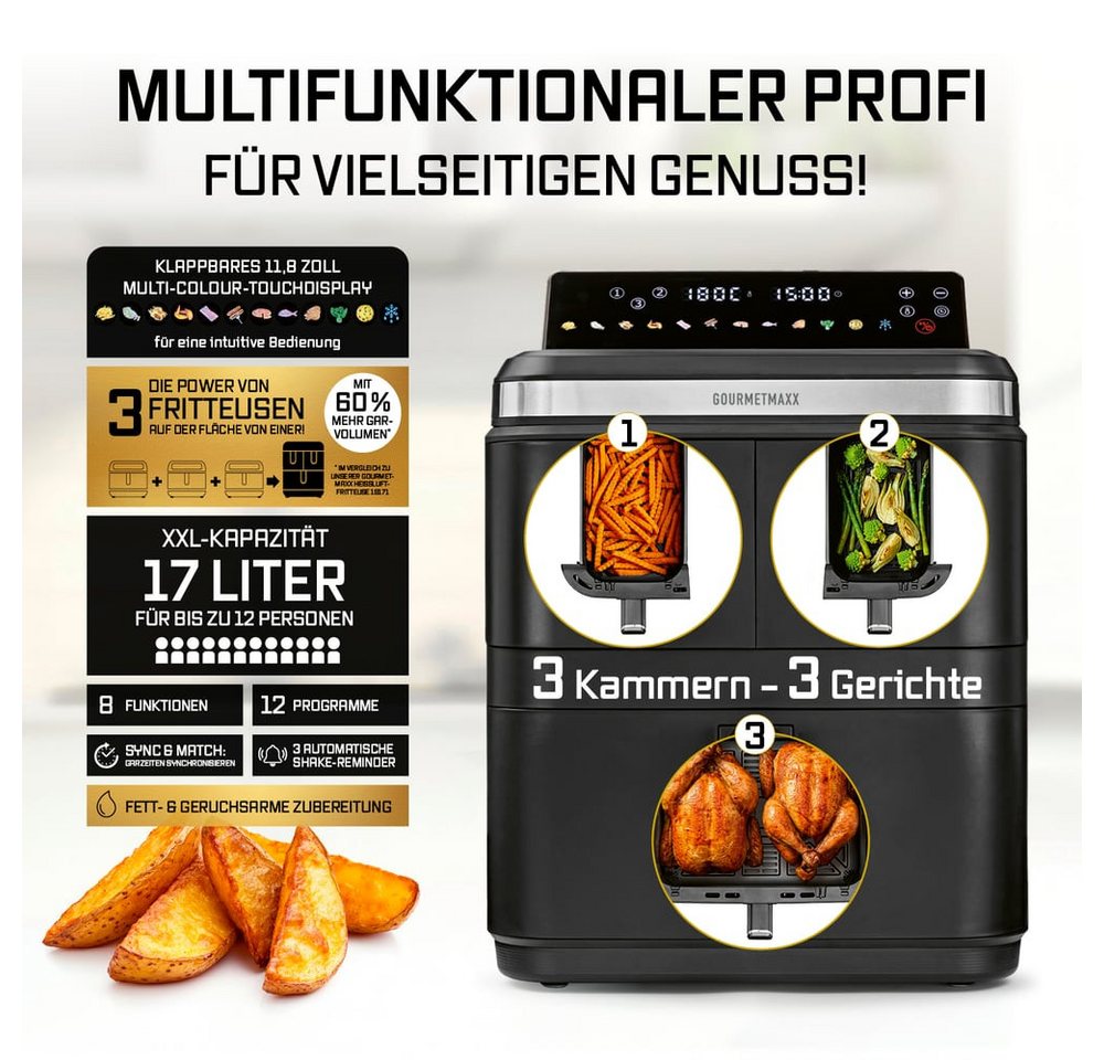 GOURMETmaxx Heißluftfritteuse GOURMETmaxx Heißluft-Fritteuse 3000W LB8 schwarz/Edelstahl 17l 3 Frittierkammern, 3000 W, Heissluftfritteuse mit LED-Klapp-Touchdisplay - Air Fryer 12 Personen Bild 3