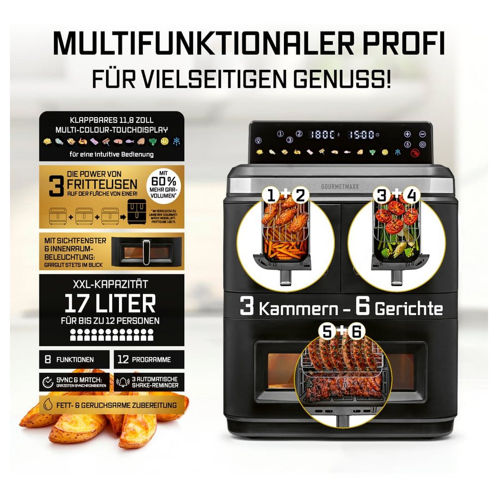 GOURMETmaxx Heißluftfritteuse GOURMETmaxx Heißluft-Fritteuse 3000W schwarz/ Edelst. 17l 3 Kammern inkl. Grillrost & Sichtfenst, 3000 W, Heissluftfritteuse XXL, Air Fryer Frittesue ohne Öl, Heißluftfriteuse