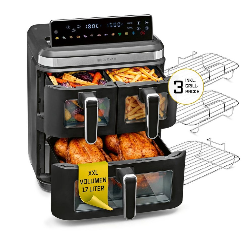 GOURMETmaxx Heißluftfritteuse GOURMETmaxx Heißluft-Fritteuse 3000W schwarz/ Edelst. 17l 3 Kammern inkl. Grillrost & Sichtfenst, 3000 W, Heissluftfritteuse XXL, Air Fryer Frittesue ohne Öl, Heißluftfriteuse Bild 2