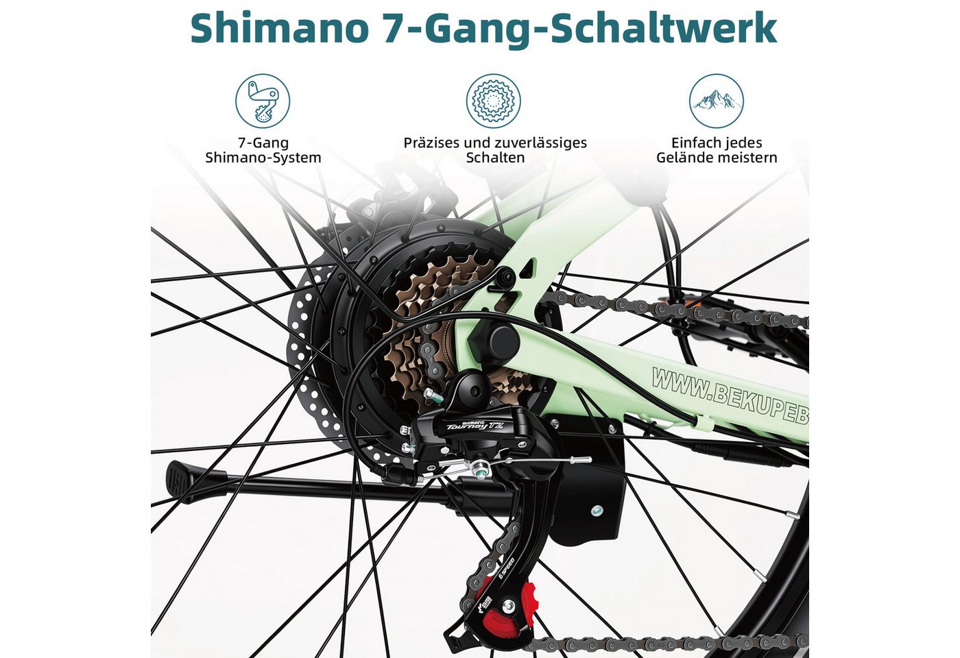BEKUP E-Bike Cityrad V2 26 Zoll Trekkingrad, 522 Wh Akku, 45 Nm, Herren u. Damen, 7 Gang Shimano Shimano Tourney TZ Schaltwerk, Kettenschaltung, Heckmotor, 522 Wh, (Komplettset, E-Bike inklusive Akku und Ladegerät), Cityrad für Arbeitsweg und Wochenendtouren, bis zu 75 km Reichweite Bild 2