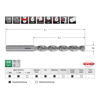 RUKO Spiralbohrer DIN 338 UTL 3000 HSSE Co 5 Ø 2,5 x 57 x 30 mm