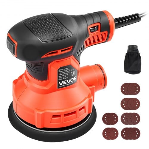VEVOR 250W Exzenterschleifer 127mm Elektrisches Schleifgerät Holzschleifer, 6000-12000U/min, 6 Stufige Drehzahlregelung, 16 Schleifpapiere, Staubbeutel, 3m Netzkabel, Handschleifer für Holzbearbeitung