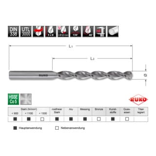 RUKO Spiralbohrer DIN 338 UTL 3000 HSSE Co 5 Ø 5,0 x 86 x 52 mm