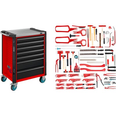 HAZET Werkstattwagen Assistent 179NX-7/65ALU Schubladen flach: 5 x 77 x 522 x 398 mm Schubladen hoch: 2 x 162 x 522 x 398 mm Anzahl Werkzeuge: 65