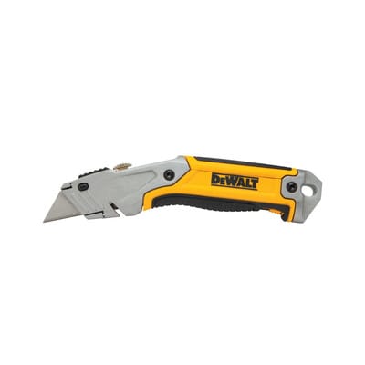 DEWALT Arbeitsmesser mit einziehbarer Klinge, integriertes Klingenmagazin, Metall-Druckguss-Gehäuse inkl. 5 induktionsgehärteten Ersatzklingen DWHT10046-0