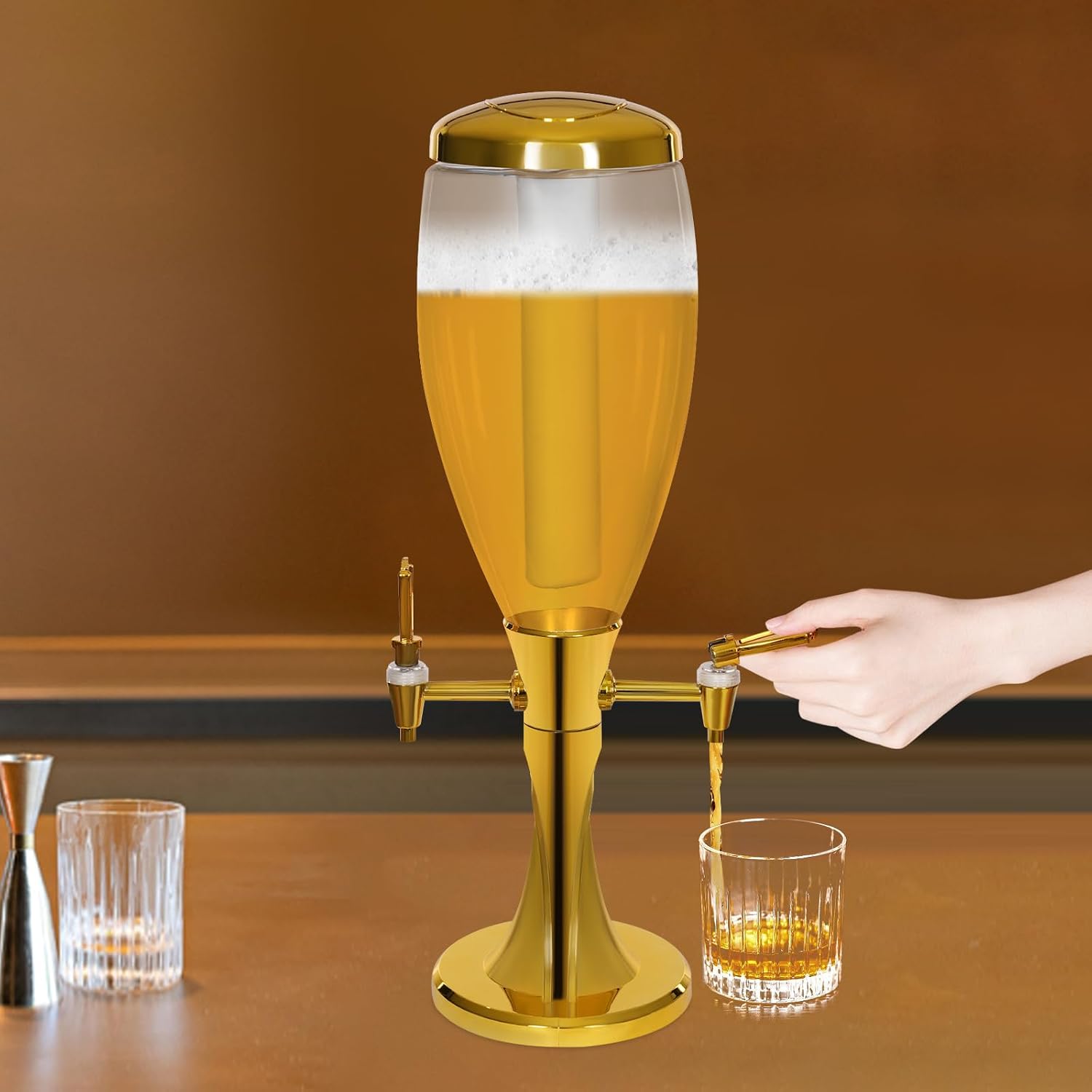 Doppelhahn Getränke-verteiler, 3l / 0.79gal Bier-verteiler Mit Zwei Wasserhahn Tragbare Getränke-tower-server, Eingebaute Eisbox Und Sieben Farben Licht Für Familien-bar-party