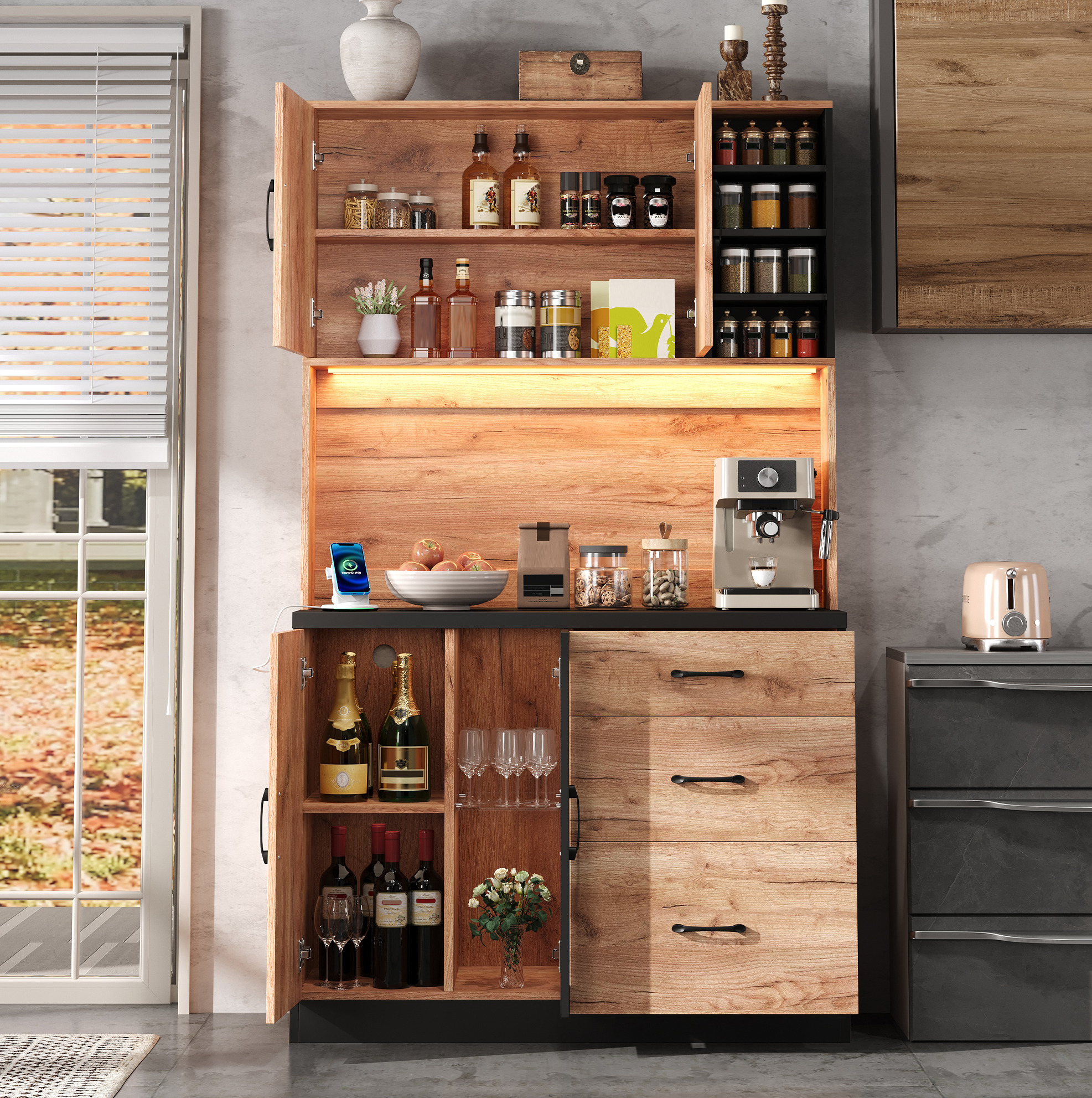 Küchenhochschrank 105x40x180 Cm Natur-schwarz Aus Mdf Mit Led-beleuchtung, Steckdosenleiste Und Verstellbaren Böden