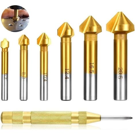 Satz Mit 6 90°-fräsern, Bohrern, Hss-fräsersatz, Titanbeschichtet, Durchmesser 6,3–20,5 Mm, Senker Mit 1 Packung Messing-zentrierstempel