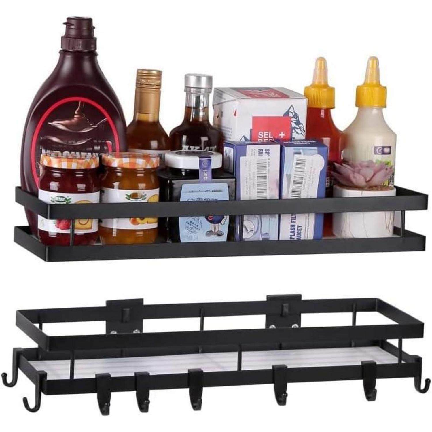 Yunnasi Gewürzregal Küchenregal Schwarz Metall 2 Etagen 8 Haken 40cm