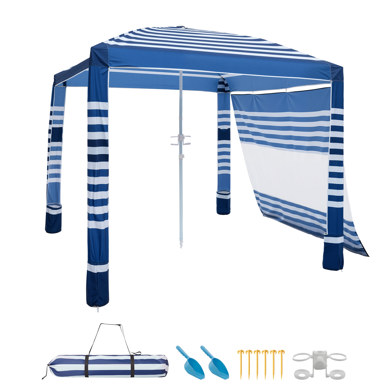 Mophorn Strand-cabana, 2,4 X 2,4 M Sonnenschutz Mit Seitenwand, Upf 50+ Schutz, Überdachung Mit Sandsäcken, Höhenverstellbarer Und Tragbarer Schattenspender Für Familie, Marineblaue Streifen