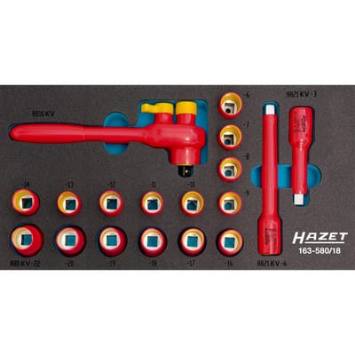 HAZET Steckschlüssel-Satz schutzisoliert 163-580/18 Vierkant hohl 10 mm (3/8 Zoll) Außen-Doppel-Sechskant-Tractionsprofil 8 – 22 Anzahl Werkzeuge: 18