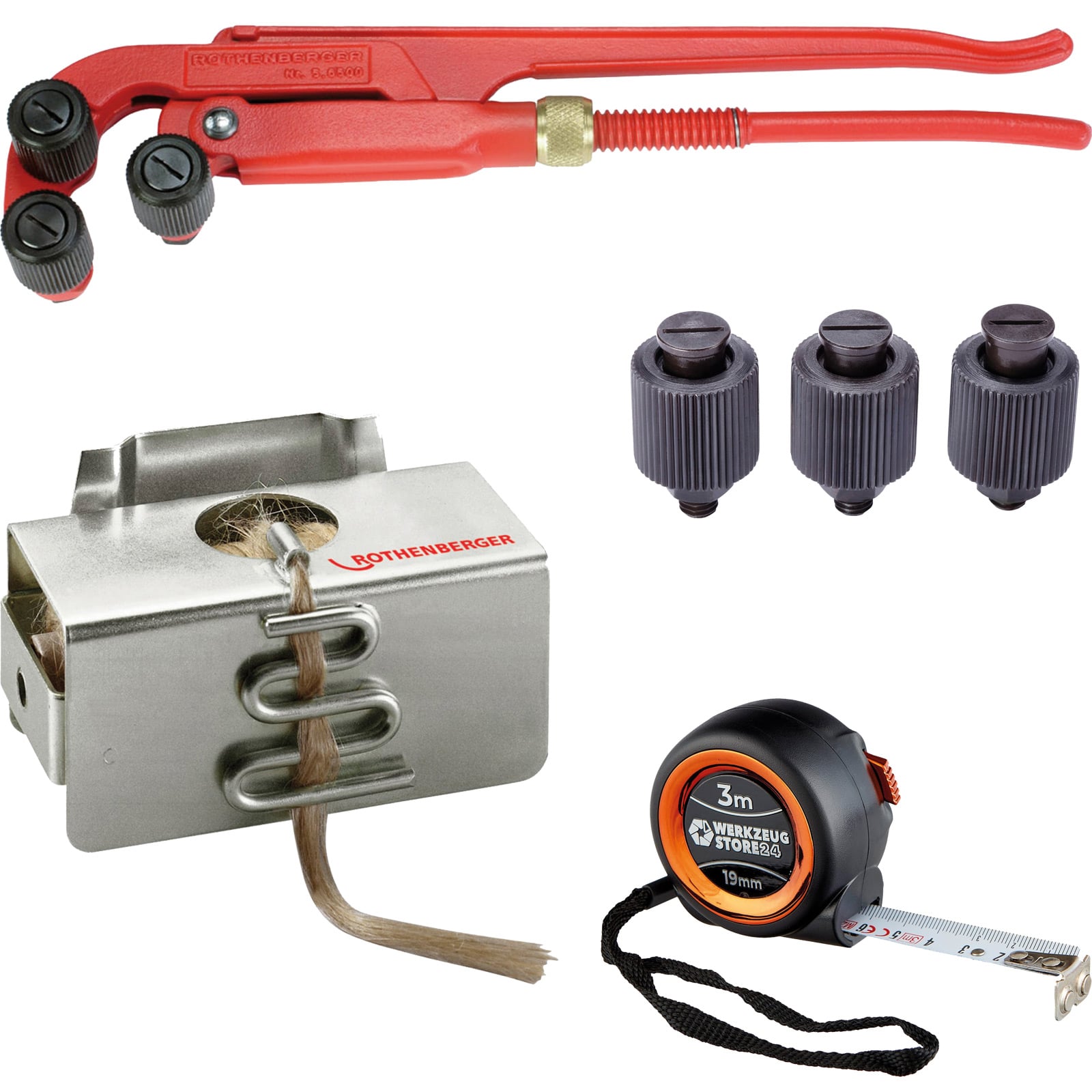 Rothenberger Gewinde-aufraugerät 3/8-2" + Hanfspule Gekämmte Qualität + 3x Ersatz-aufraurollen + Bandmaß - 56500-65081-56501-set