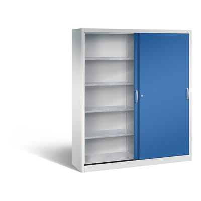 C+P Werkzeugschrank mit Schiebetüren, innen 2 x 4 Böden, H1950xB1600xT400mm Front Enzianblau Korpus Lichtgrau