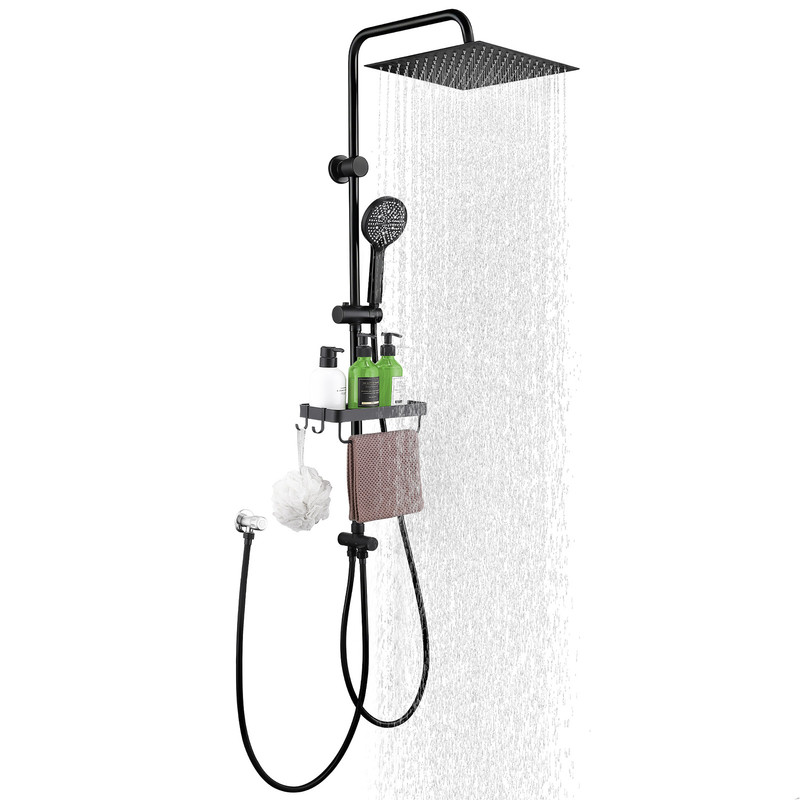 Duschsystem Mit 30 Cm Sus304 Regendusche Und Duschablage 5 Strahlarten Handbrause, Höhenverstellbar, Ohne Neubohren, Schwarz