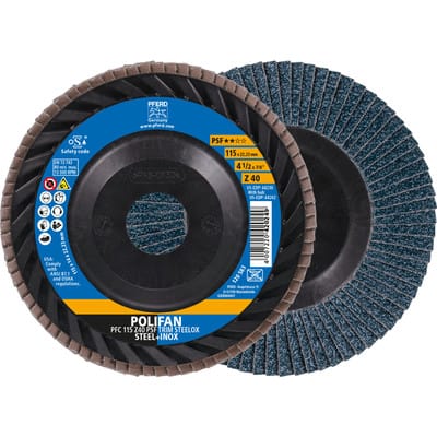 PFERD TOOLS POLIFAN Fächerscheibe PFC 115x22,23 mm konisch Z40 Universallinie PSF TRIM STEELOX für Stahl/Edelstahl