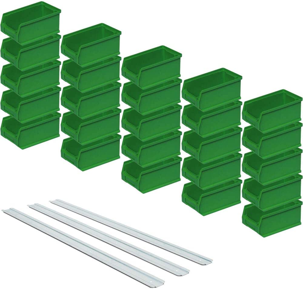 Brb Set - 25x Sichtstapelkästen Profi Lb5, Grün, Inhalt 0,85 Liter, Lxbxh 175x100x75 Mm Inkl. 3 Verz. Wand-aufhängeschienen