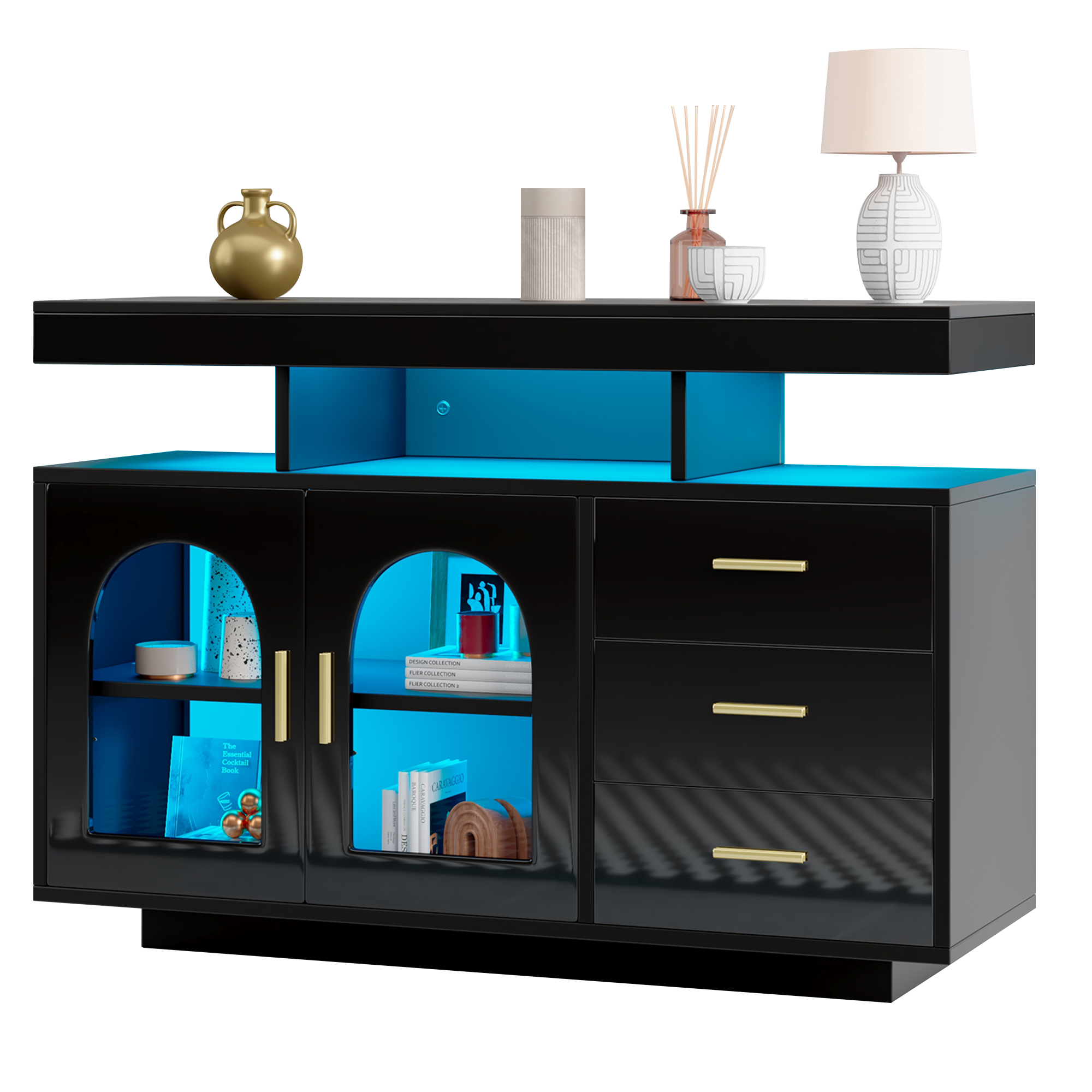 Küchenbuffet Mit 2 Türen, 3 Schubladen Und 4 Offenen Fächern Mit Led, Aus Spanplatte, Schwarz, 120×40×80 Cm