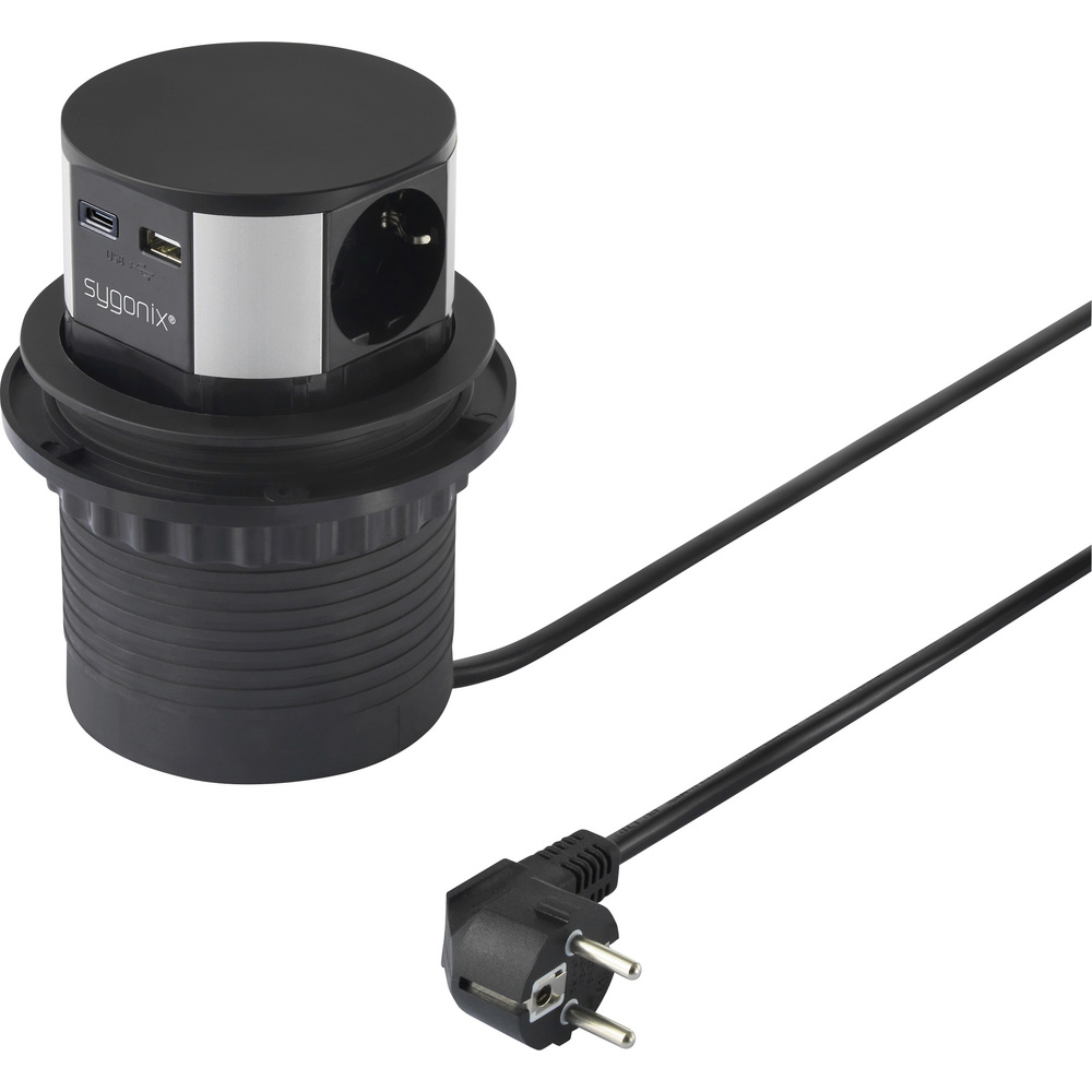 Sygonix Sy-6887466 Steckdosenturm 3fach Schwarz, Silber Schutzkontakt 1 St.