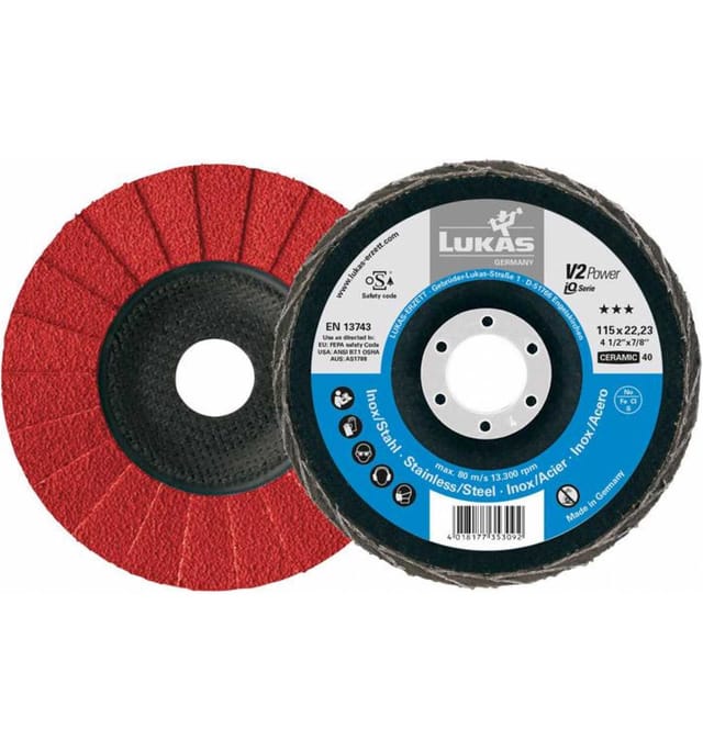 LUKAS Fächerschleifscheibe V2 Power, (CER), flach-schräg für INOX,Ø 125 mm, Körnung: 60