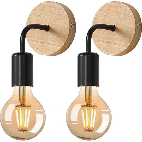 2 Vintage-wandleuchten Im Industriestil – Wandlampen Aus Holz, E27-fassung, Retro-innenbeleuchtung Für Schlafzimmer, Flur, Wohnzimmer, Schwarz