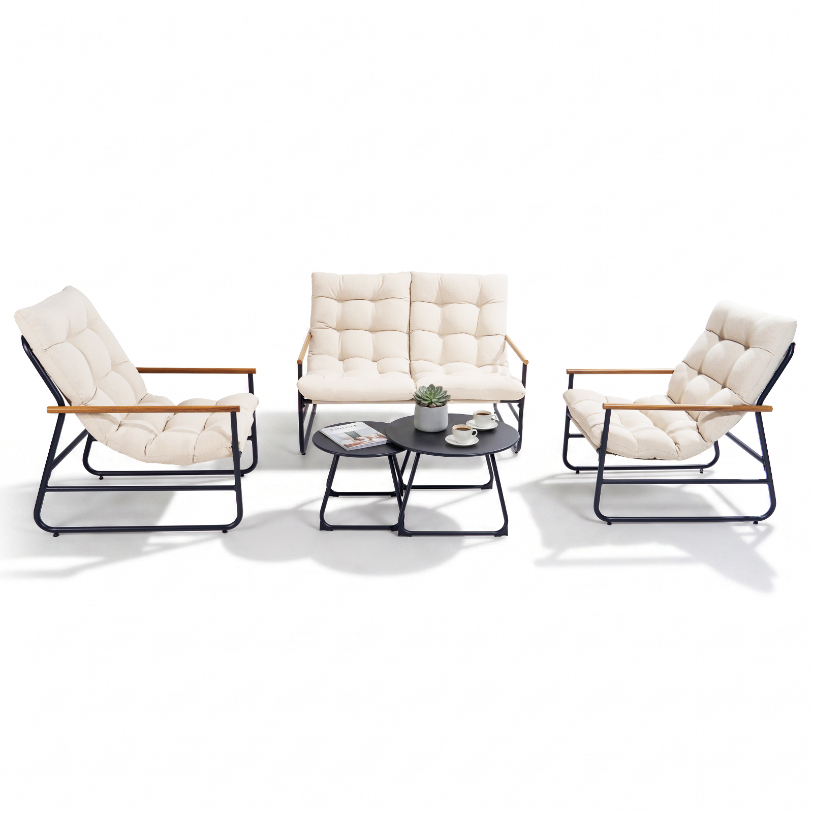 Natural Expressions 5-teiliges Gartenmöbel Set, Outdoor Lounge Set Für Balkon & Terrasse, 2-sitzer Sofa, 2 Sessel & 2 Couchtische, Olefin-gewebe, 16 Cm Polster, Abnehmbar, Aluminiumrahmen, Beige