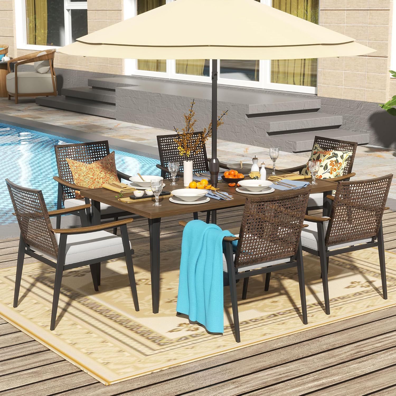 Natural Expressions 7-teiliges Garten-essgruppe Für 6 Personen,outdoor Möbelset, Rattanstühle Mit Kissen Und 165 Cm Großem Esstisch Mit 4,2 Cm Schirmloch Für Terrasse, Garten, Veranda, Pool, Beige